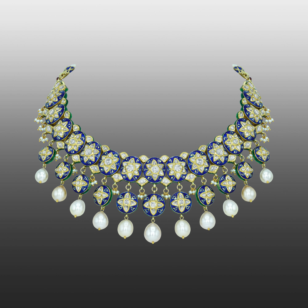 Pearl-Draped Polki Necklace with Blue Enamel Floral Motifs
